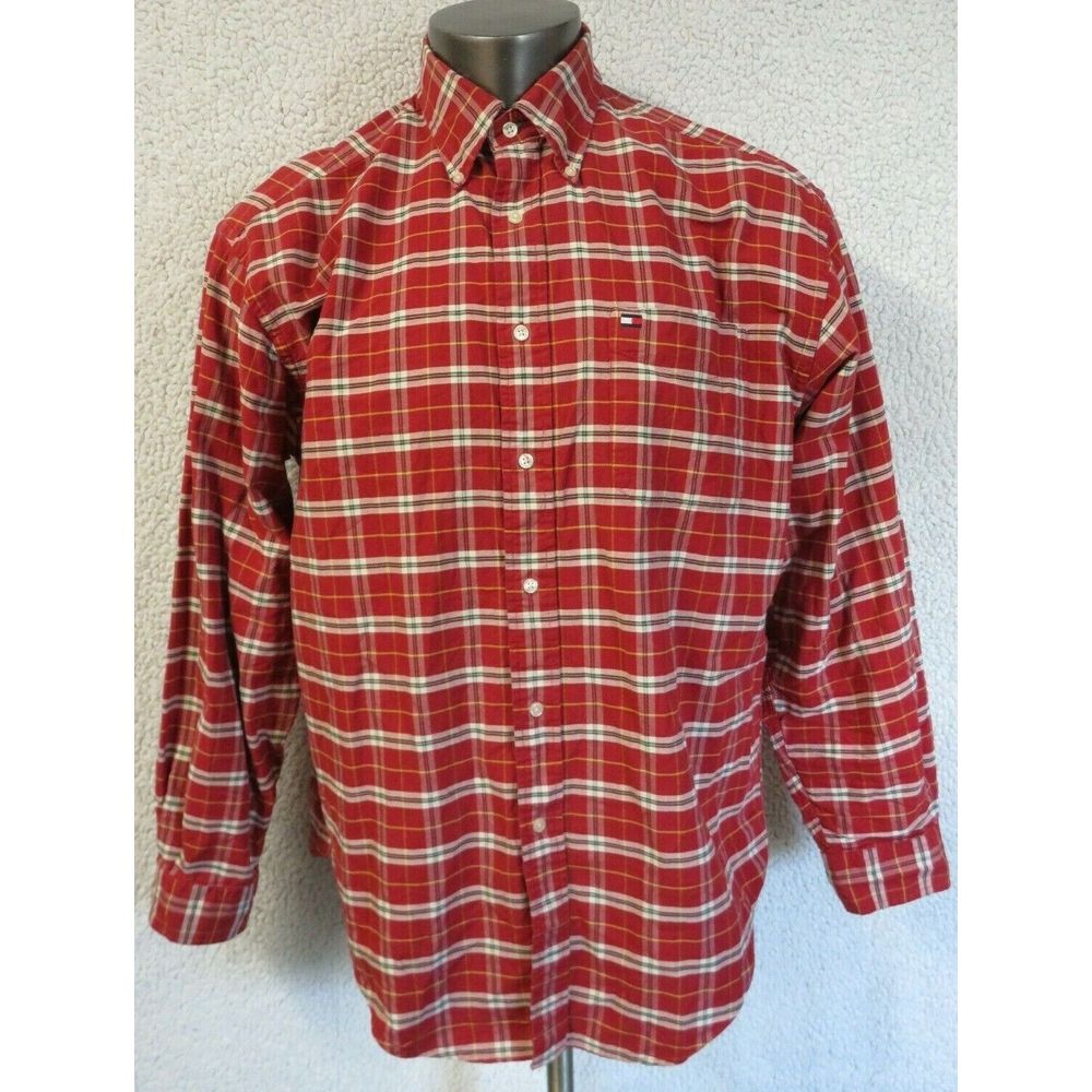Mens Tommy Hilfiger Dress Shirt Red Plaid Size L Cotton Button Front Long Sleeve